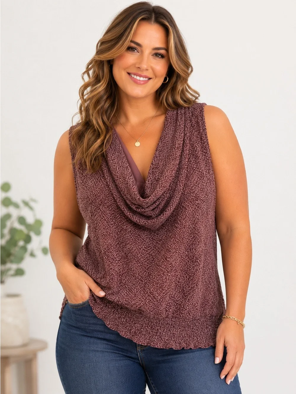 Michael Michael Kors XL Mauve Sleeveless Cowl Neck Smocked Hem Blouse Top